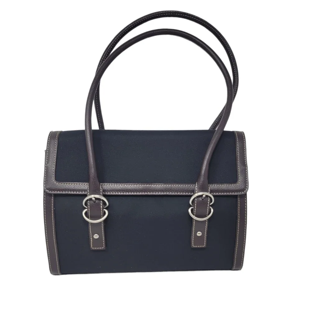 Jones New York Black Brown Satchel Bag Purse Double Handle Canvas w/Leather Trim